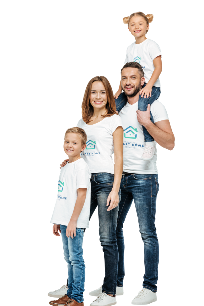 t shirt mockup featuring a smiling family of four posing at a studio 44551 r el2