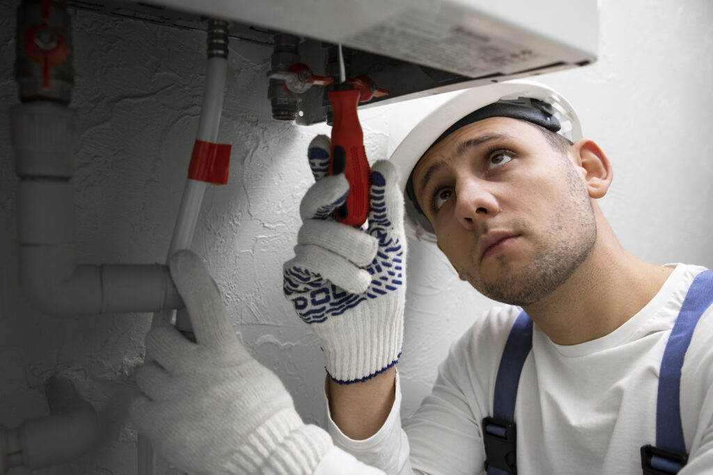 Worker repairing a tankless water heater
