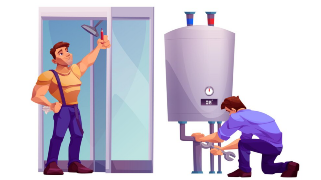 Animated Image of Two People Working on a Shower and Heat Pump Water Heater