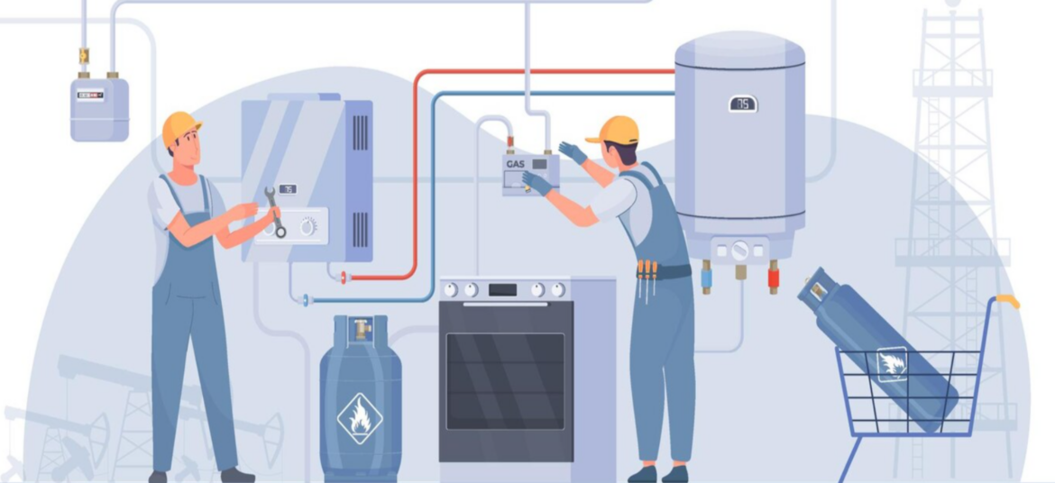 Animated image of two technicians working on a furnace