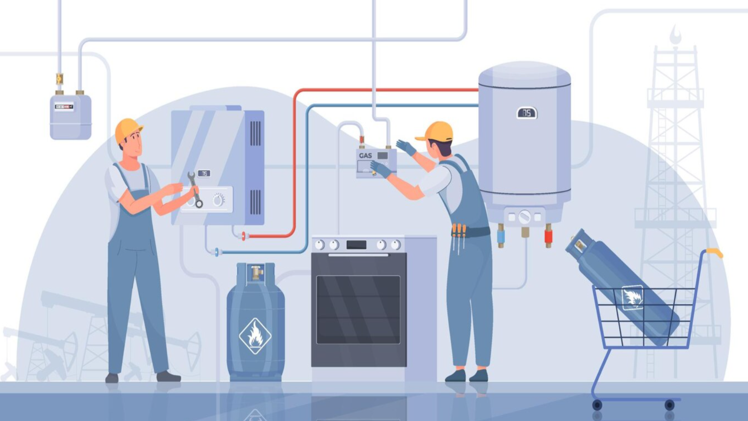 Animated image of two technicians working on a furnace