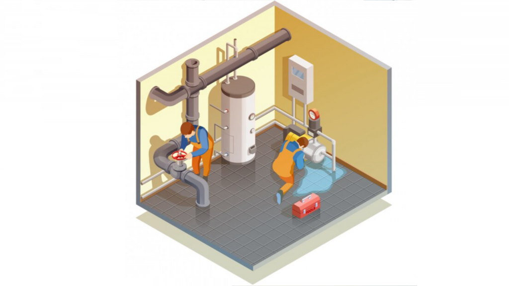 Animated image of workers doing water heater maintenance