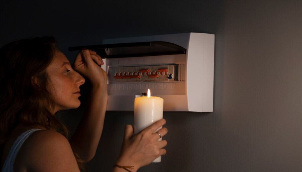 Woman Looking at Breaker During a Power Outage
